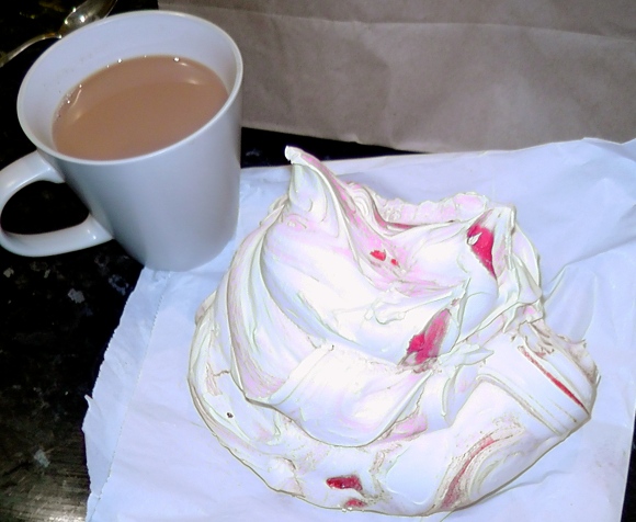 The slightly odd combination of tea and giant strawberry meringue!